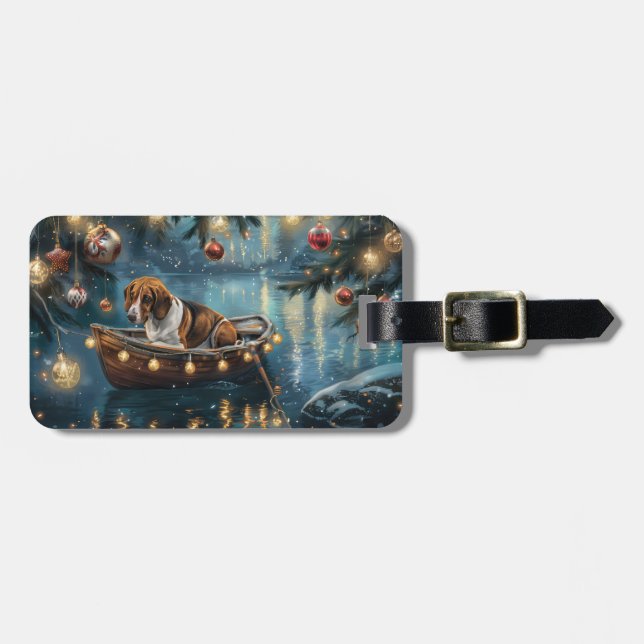 American English Foxhound Christmas Festive Voyage Luggage Tag (Front Horizontal)
