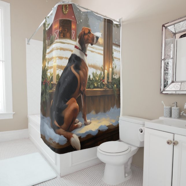 American English Foxhound Christmas Lights Holiday Shower Curtain (In Situ)