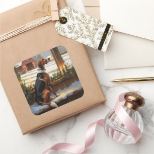 American English Foxhound Christmas Lights Holiday Square Sticker