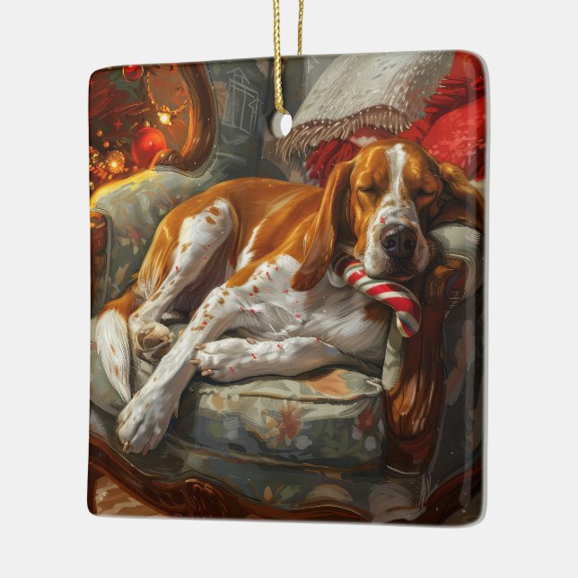 American English Foxhound Dog Christmas Festive Ceramic Ornament (Left)