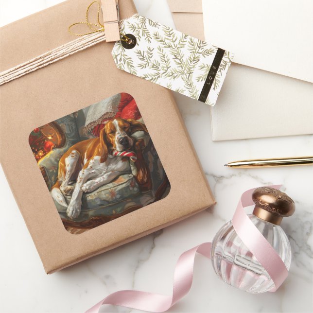 American English Foxhound Dog Christmas Festive Square Sticker (Gifting)