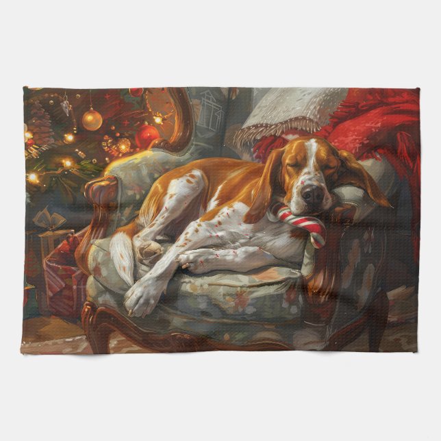 American English Foxhound Dog Christmas Festive Tea Towel (Horizontal)