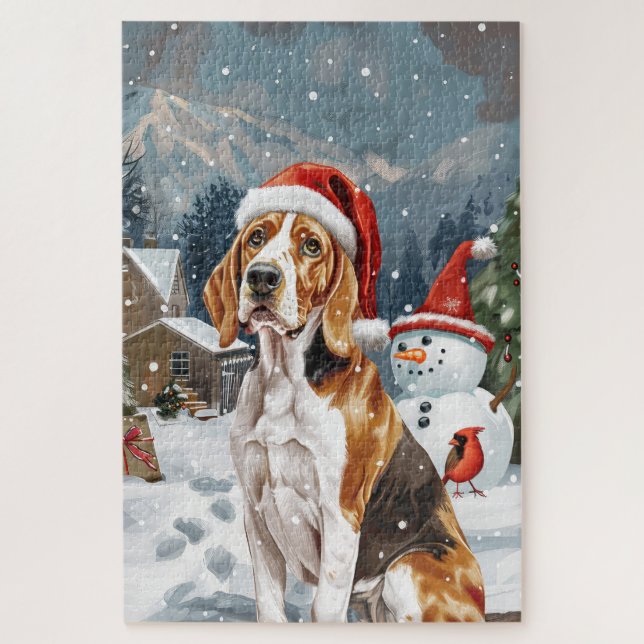 American English Foxhound Dog Winter Christmas Joy Jigsaw Puzzle (Vertical)