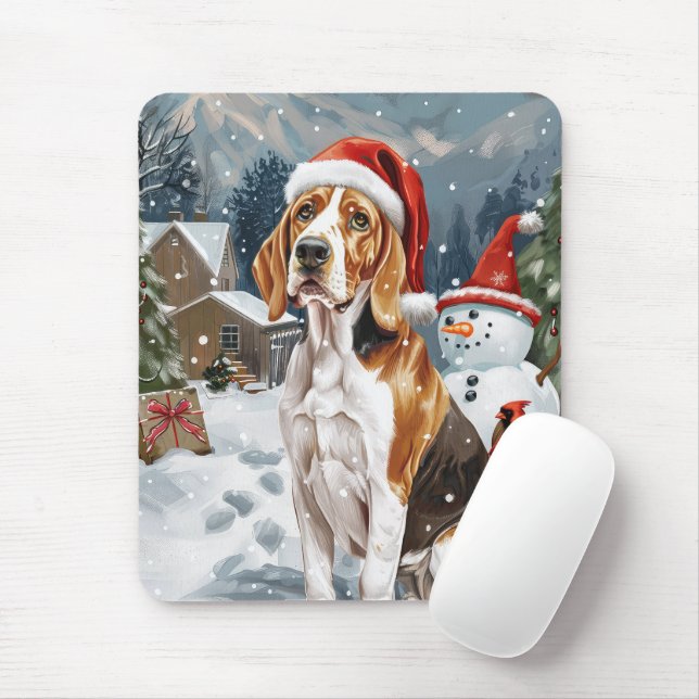 American English Foxhound Dog Winter Christmas Joy Mouse Mat (With Mouse)