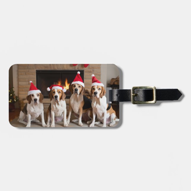 American English Foxhound Fireplace Christmas Luggage Tag (Front Horizontal)