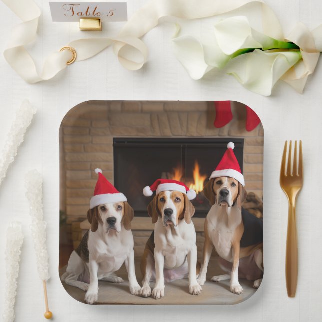 American English Foxhound Fireplace Christmas Paper Plate (Wedding)