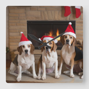 American English Foxhound Fireplace Christmas Square Wall Clock