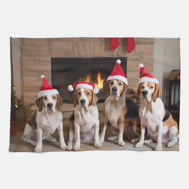 American English Foxhound Fireplace Christmas Tea Towel (Horizontal)