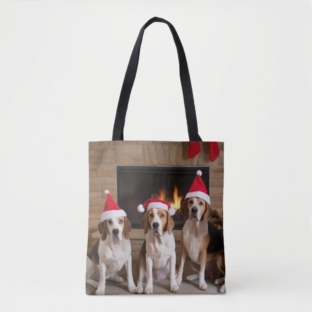 American English Foxhound Fireplace Christmas Tote Bag (Front)