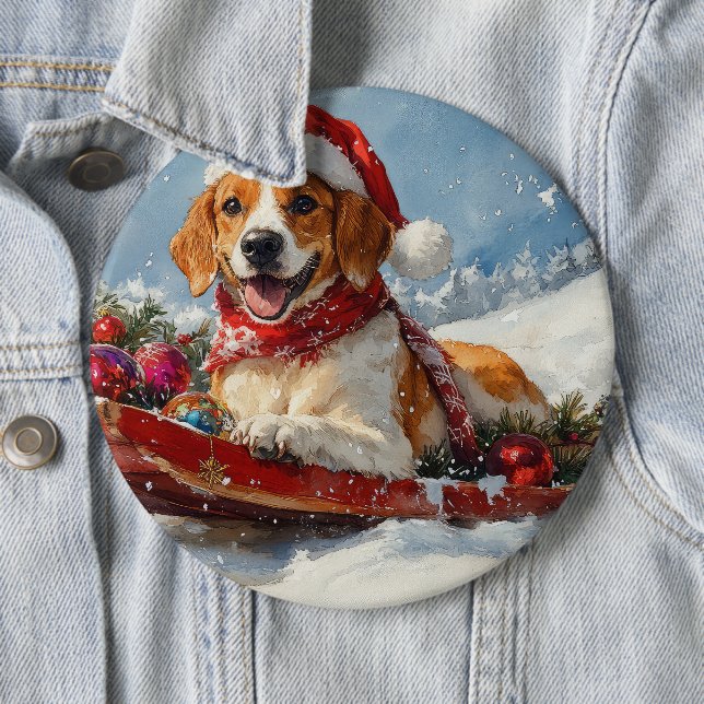 American English Foxhound in Sledge Christmas 6 Cm Round Badge (In Situ)