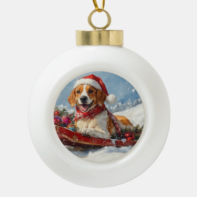 American English Foxhound in Sledge Christmas Ceramic Ball Christmas Ornament (Front)