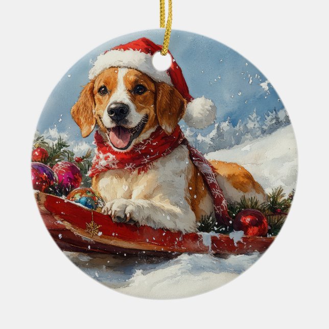 American English Foxhound in Sledge Christmas Ceramic Tree Decoration (Front)