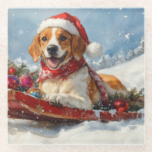 American English Foxhound in Sledge Christmas Glass Coaster