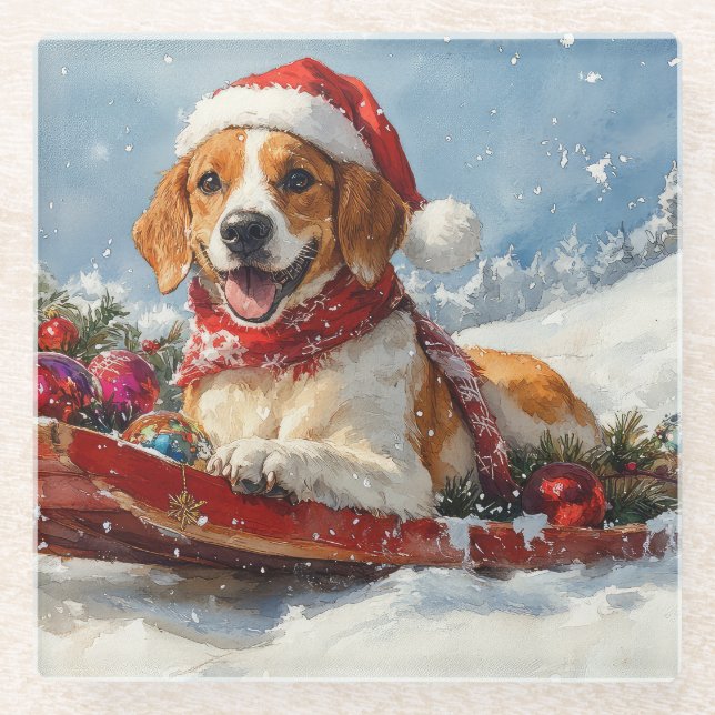 American English Foxhound in Sledge Christmas Glass Coaster (Front)