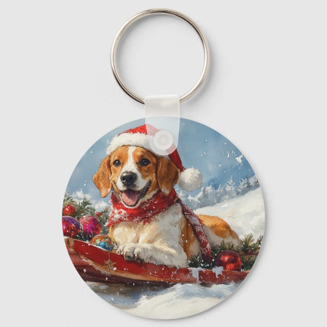 American English Foxhound in Sledge Christmas Key Ring (Front)