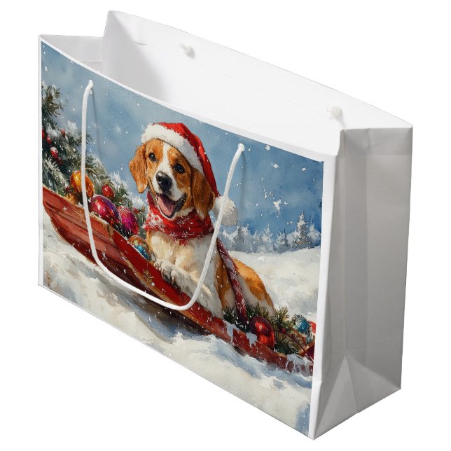 American English Foxhound in Sledge Christmas Large Gift Bag (Front Angled)