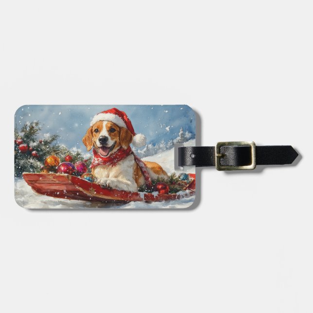 American English Foxhound in Sledge Christmas Luggage Tag (Front Horizontal)