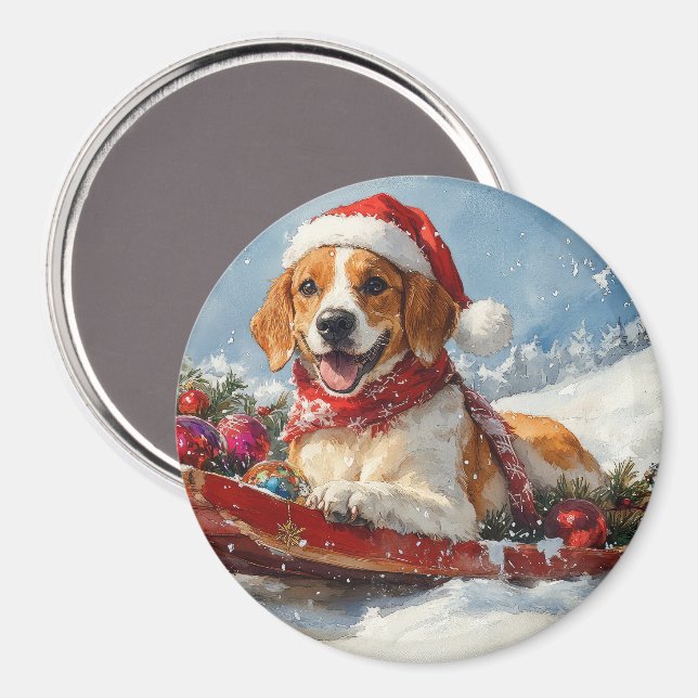 American English Foxhound in Sledge Christmas Magnet (Front/Back)