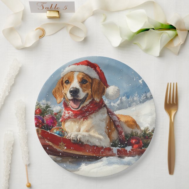 American English Foxhound in Sledge Christmas Paper Plate (Wedding)