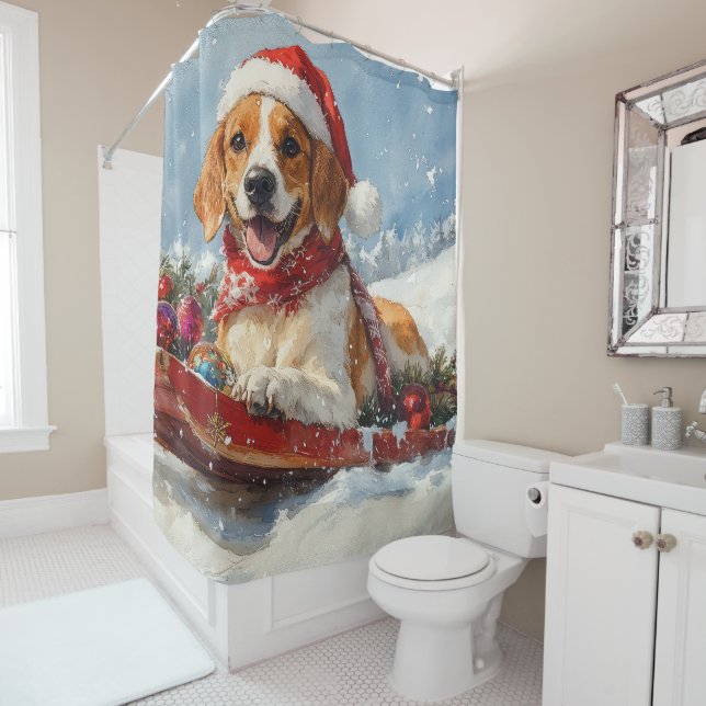 American English Foxhound in Sledge Christmas Shower Curtain (In Situ)