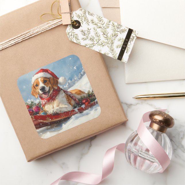 American English Foxhound in Sledge Christmas Square Sticker (Gifting)