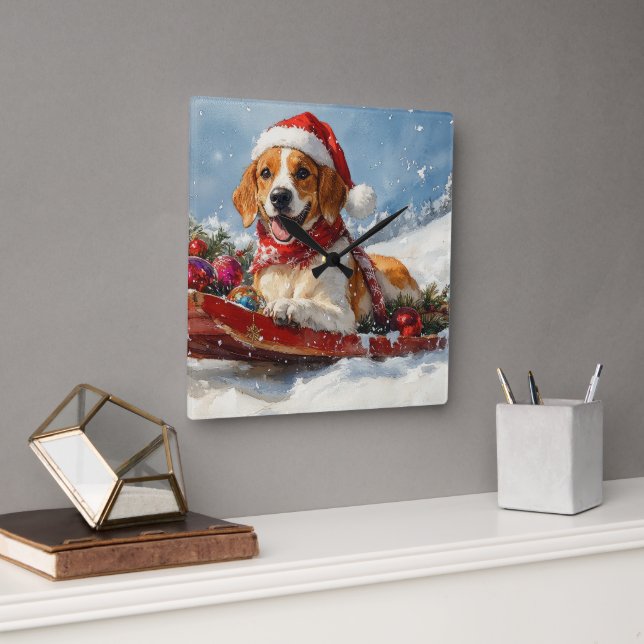 American English Foxhound in Sledge Christmas Square Wall Clock (Office)