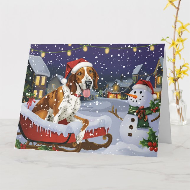 American English Foxhound in Sleigh Snow Christmas Card (Yellow Flower)