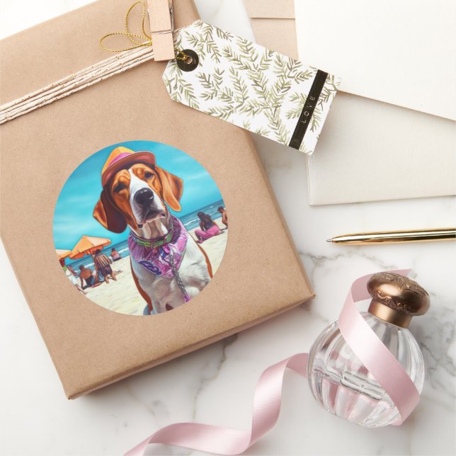 American English Foxhound on Beach, summer gift  Classic Round Sticker (Gifting)