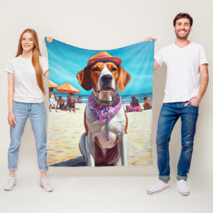 American English Foxhound on Beach, summer gift Fleece Blanket