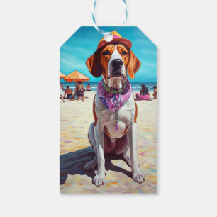 American English Foxhound on Beach, summer gift  Gift Tags