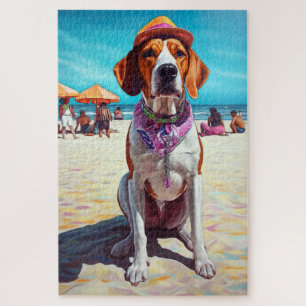 American English Foxhound on Beach, summer gift  Jigsaw Puzzle