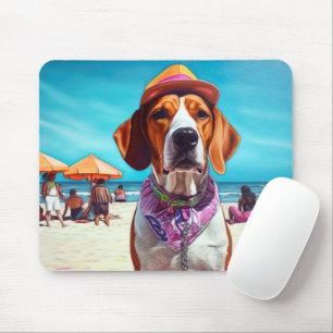 American English Foxhound on Beach, summer gift Mouse Mat