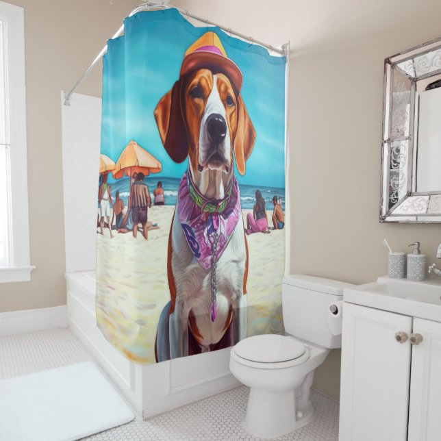 American English Foxhound on Beach, summer gift  Shower Curtain (In Situ)