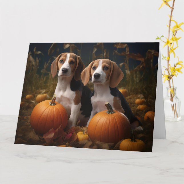 American English Foxhound Puppy Autumn Delight Card (Yellow Flower)