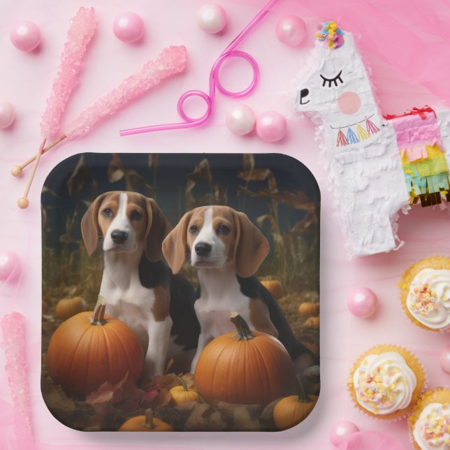 American English Foxhound Puppy Autumn Delight Paper Plate (Party)
