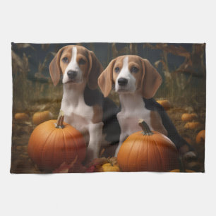 American English Foxhound Puppy Autumn Delight Tea Towel