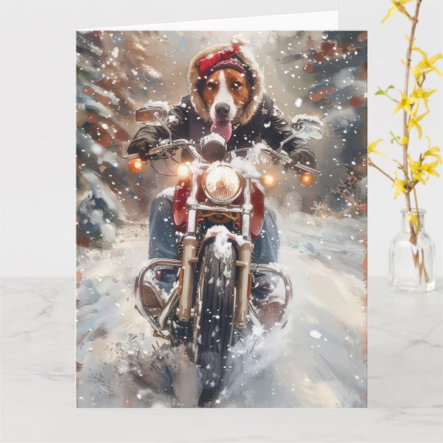 American English Foxhound Riding Bike Christmas Card (Yellow Flower)