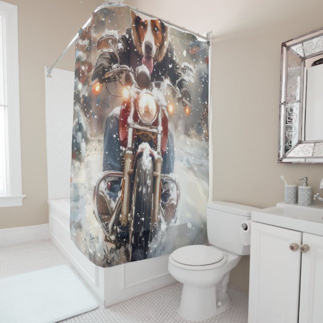 American English Foxhound Riding Bike Christmas Shower Curtain (In Situ)