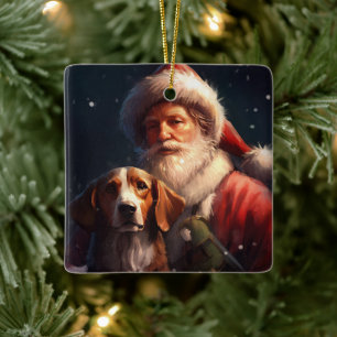 American English Foxhound Santa Claus Christmas Ceramic Ornament