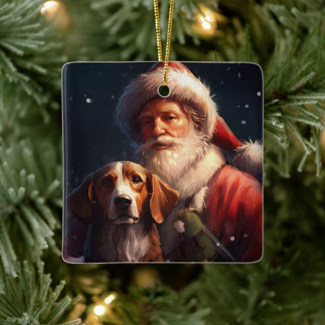 American English Foxhound Santa Claus Christmas Ceramic Ornament (Tree)