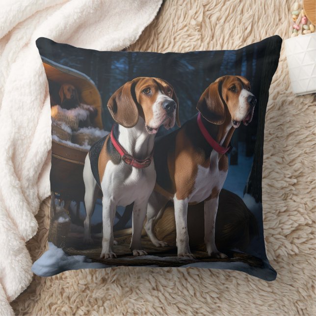American English Foxhound Snowy Sleigh Christmas Cushion (Blanket)