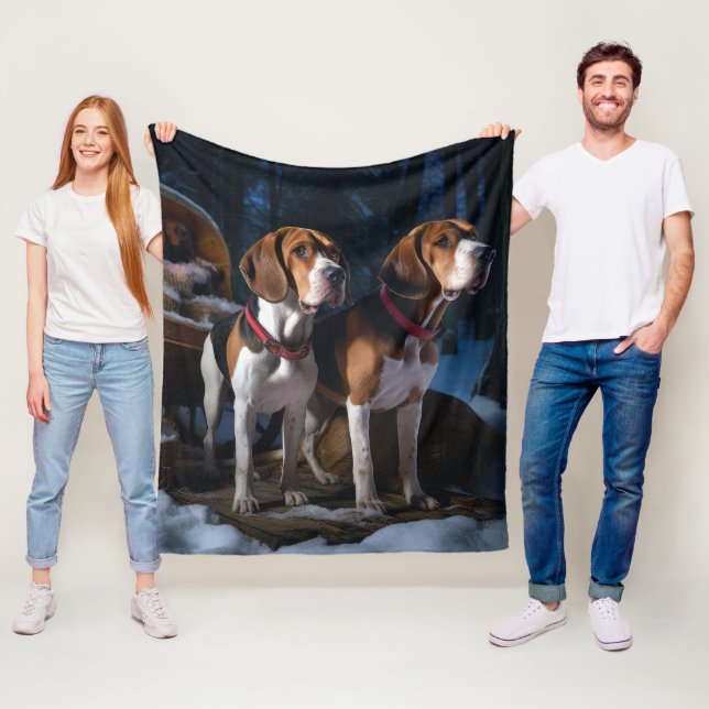American English Foxhound Snowy Sleigh Christmas Fleece Blanket (In Situ)