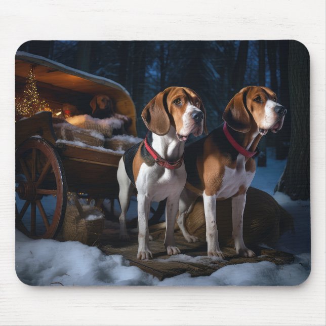 American English Foxhound Snowy Sleigh Christmas Mouse Mat (Front)