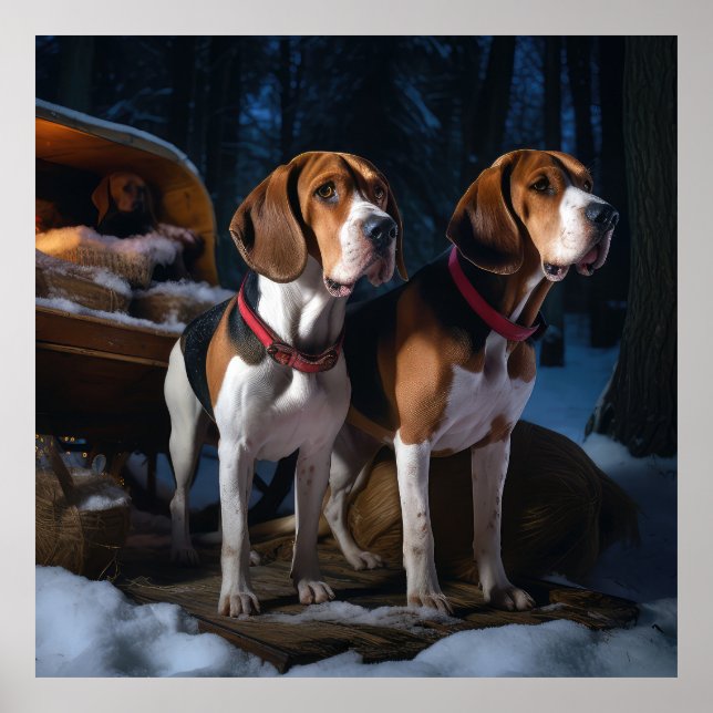 American English Foxhound Snowy Sleigh Christmas Poster (Front)