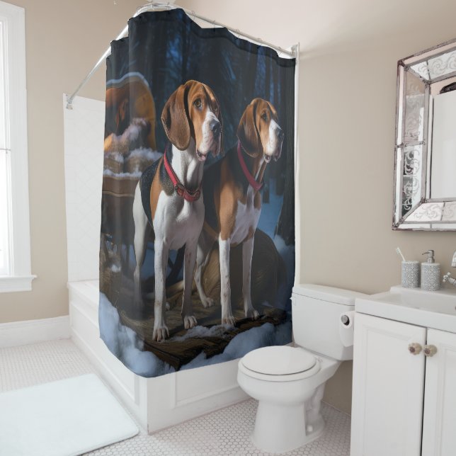 American English Foxhound Snowy Sleigh Christmas Shower Curtain (In Situ)