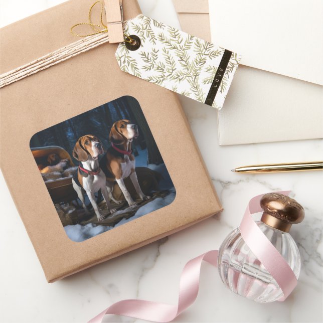 American English Foxhound Snowy Sleigh Christmas Square Sticker (Gifting)