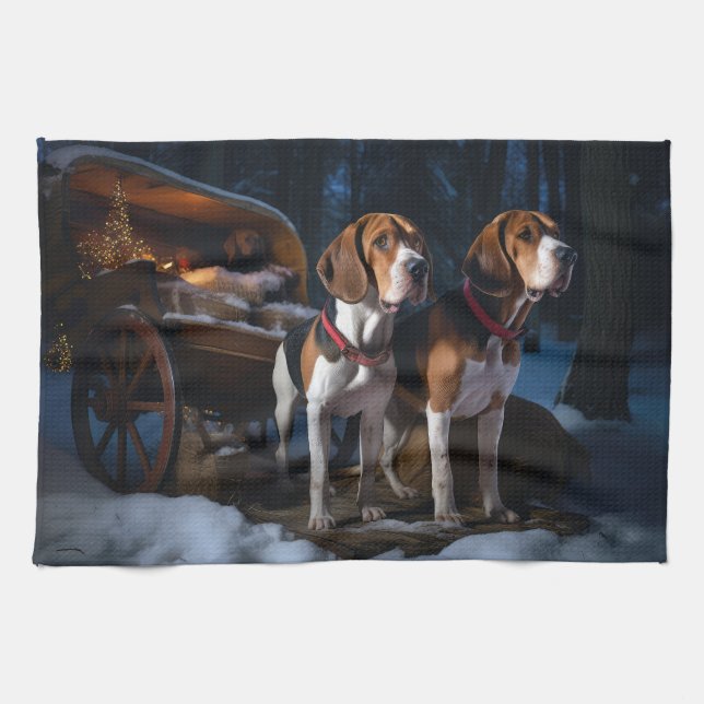 American English Foxhound Snowy Sleigh Christmas Tea Towel (Horizontal)