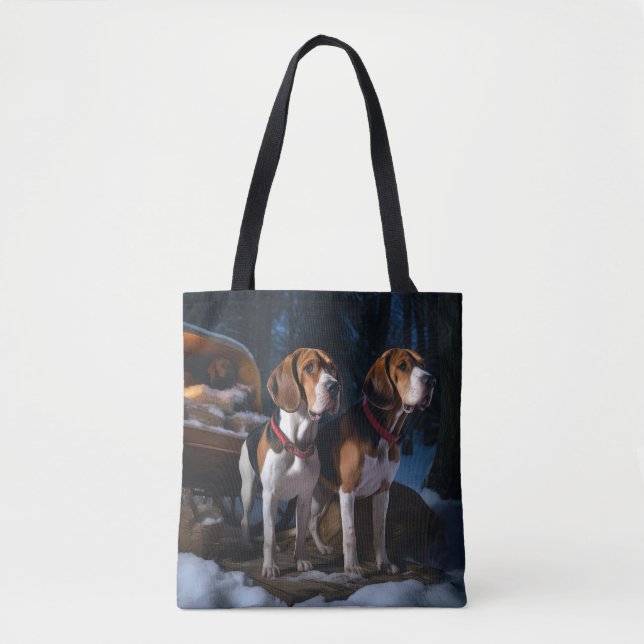 American English Foxhound Snowy Sleigh Christmas Tote Bag (Front)