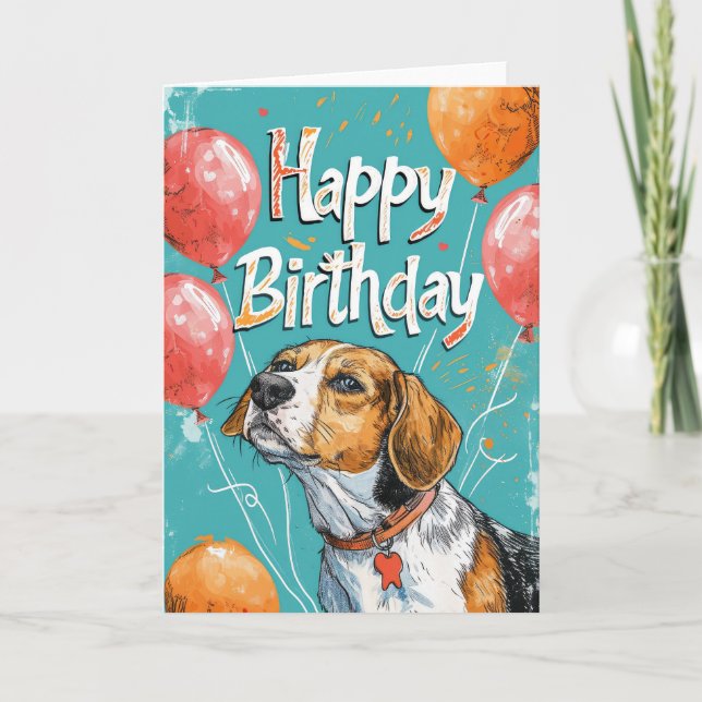 American English Foxhound with Balloons Birthday Card (Front)