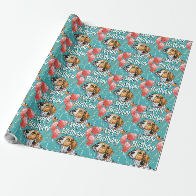 American English Foxhound with Balloons Birthday Wrapping Paper (Unrolled)
